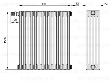 Схема (чертеж) Радиатор Zehnder Charleston 5150/14 №V012 Белый глянцевый RAL 9016
